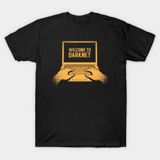 Hands of a hacker entering a darknet on a laptop T-Shirt